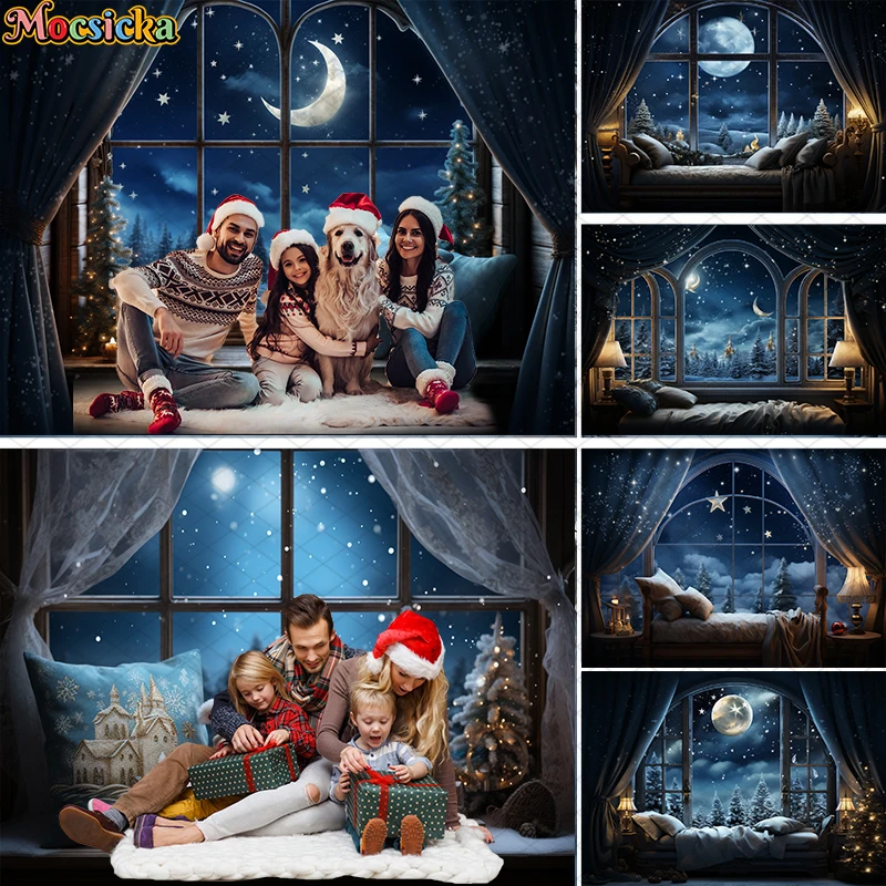 

Mocsicka Merry Christmas Photography Backdrops Santa Moon Xmas Silent Night Window Winter Snow Kids Portrait Photo Background