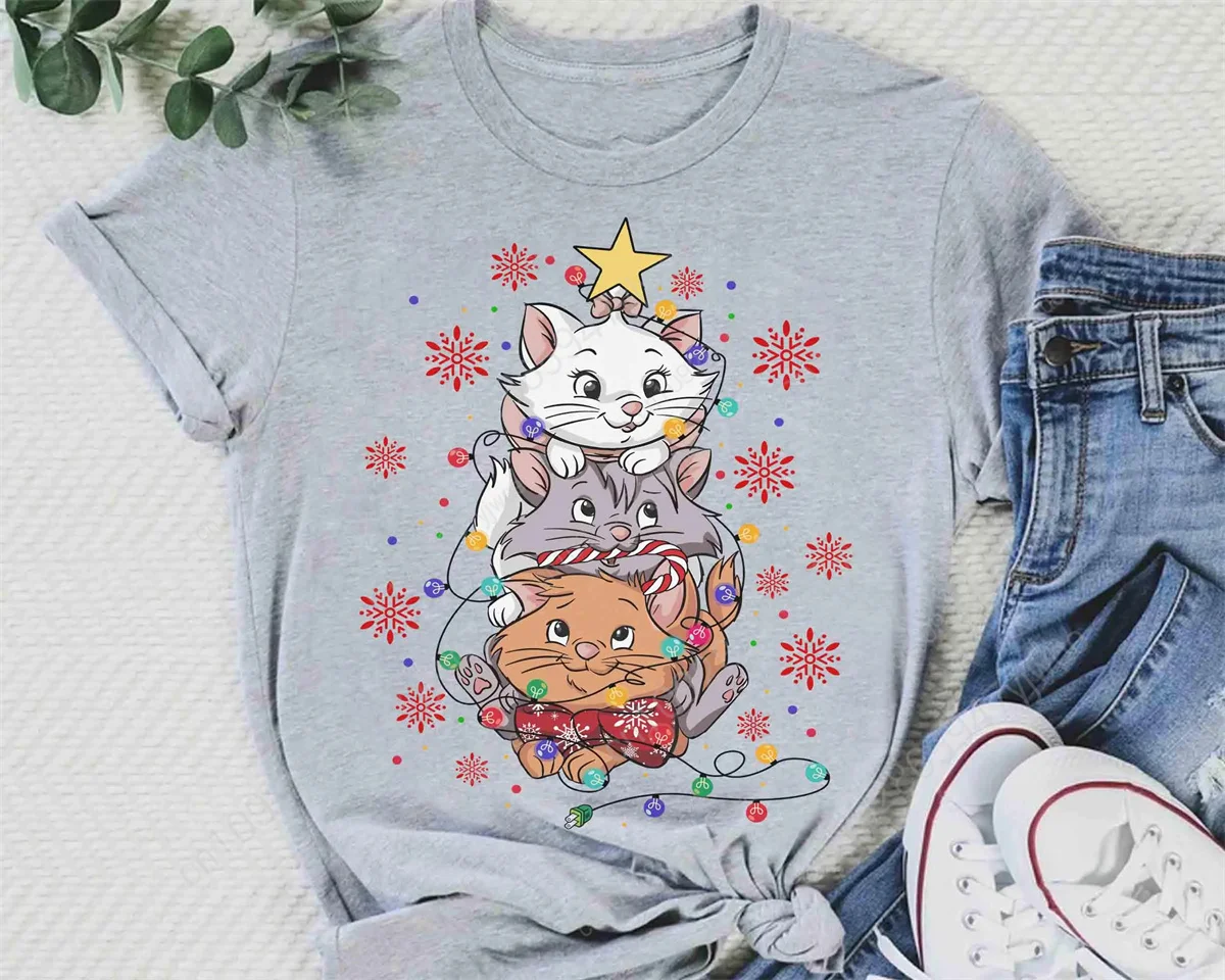 The Aristocats سانتا ماري أضواء عيد الميلاد قميص الأسرة عيد الميلاد قميص فضفاض ومريح أعلى الصيف المرأة القطن تي شيرت #5