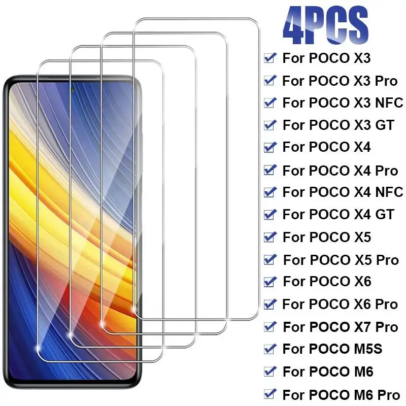 

4PCS Full Cover Tempered for Xiaomi X6 X5 X4 X3 NFC GT Screen Protector For Poco X7 M4 M5 M5S M6 Pro 5G Glass