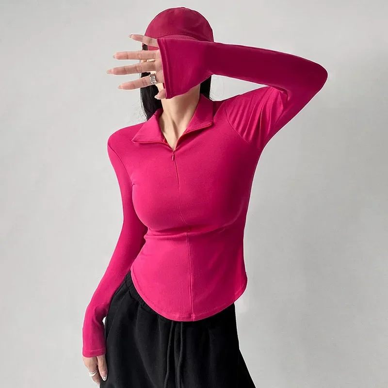 Damska koszulka z długim rękawem na jesień i zimę 2025, modna, asymetryczna, z półotwartym zamkiem błyskawicznym, dopasowana, seksowna, ciepła, krótka bluzka.