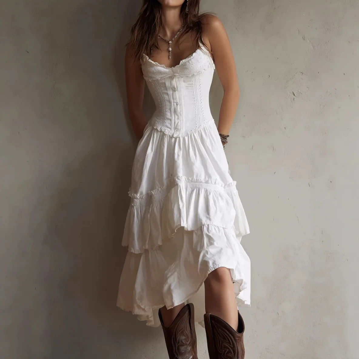 Damen Boho Spaghettiträger-Korsettkleid mit Spitzenbesatz, gestuftem Rüschensaum und unregelmäßigem Schnitt, Midi-Kleid, Vintage, lässig, Party, Sommerkleid – Detail 4