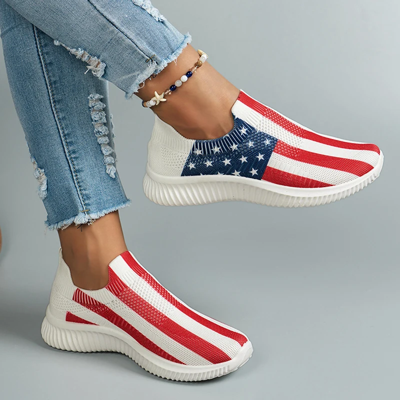 Women's Independence Day Print White Sneakers 2024 Autumn Slip On Breathable Mesh Flats Woman Plus Size Non Slip Casual Loafers