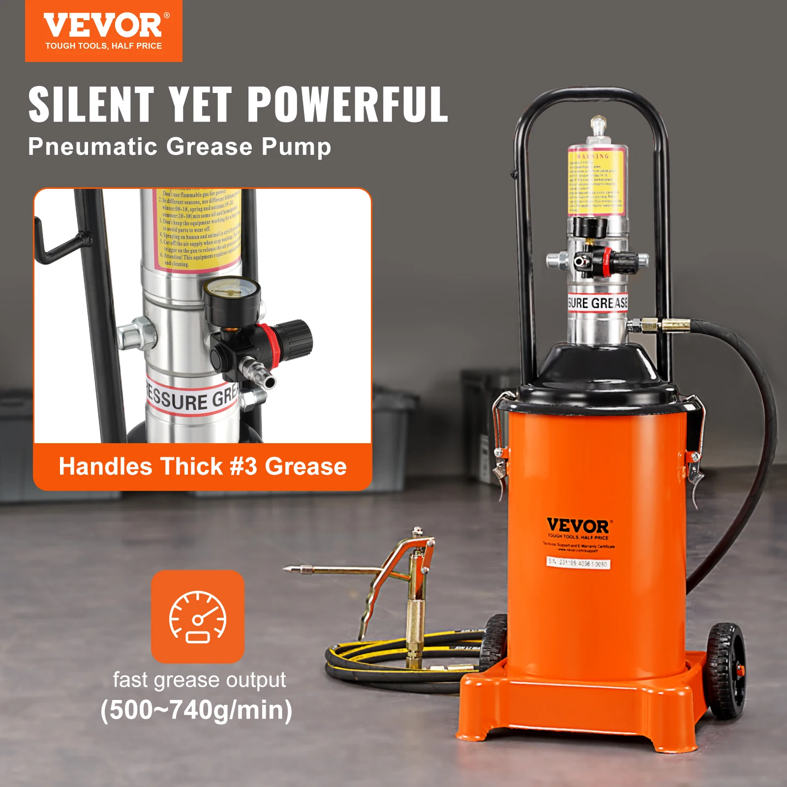 VEVOR 3 Gallon 12L, Air Operated Grease Pump with 13 ft High Pressure Hose and Grease Gun,50:1 Pressure Ratio