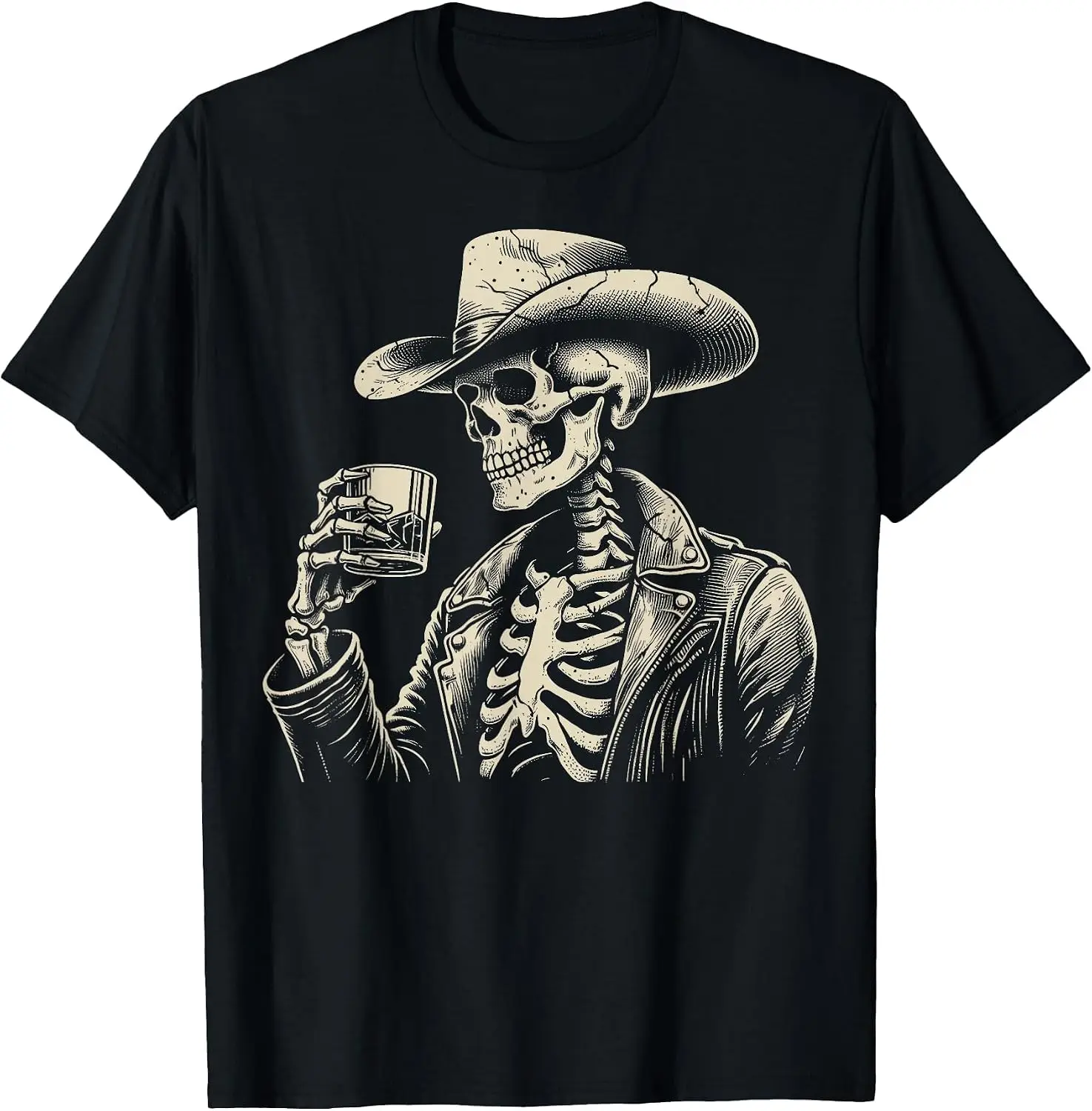 Western Cowboy Skeleton Whiskey Rustic Vintage Halloween T-Shirt Unisex Y2K Aesthetic Graphic T‑Shirt Trendy Streetwear Crew Neck Short Sleeve Soft Cotton Tee Fashion Daily Tops Men Women