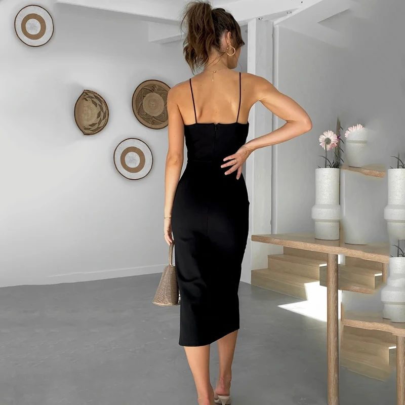 Ardm-vestido Midi asimétrico sin tirantes para mujer, traje Sexy de color negro con abertura y tirantes finos para fiesta de verano, 2022