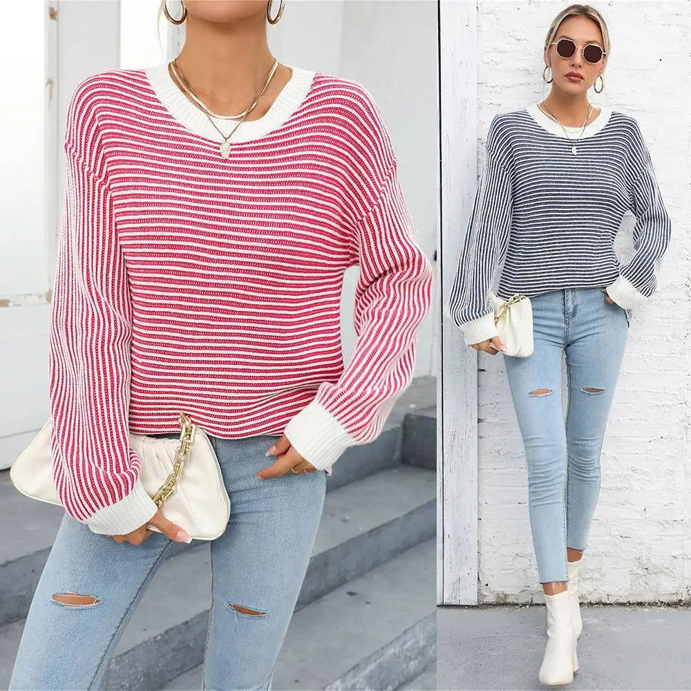 2025年春 レディース クルーネック プルオーバー ストライプニットセーター カラーブロデザイン おしゃれ カジュアル スリーブ ラウンドネックトップ