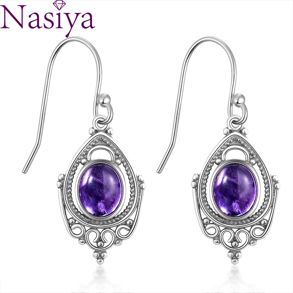 Silver Earrings Oval 8X10MM Natural Amethyst Earrings Wedding Party Fashion Retro Ear Jewelry for Women