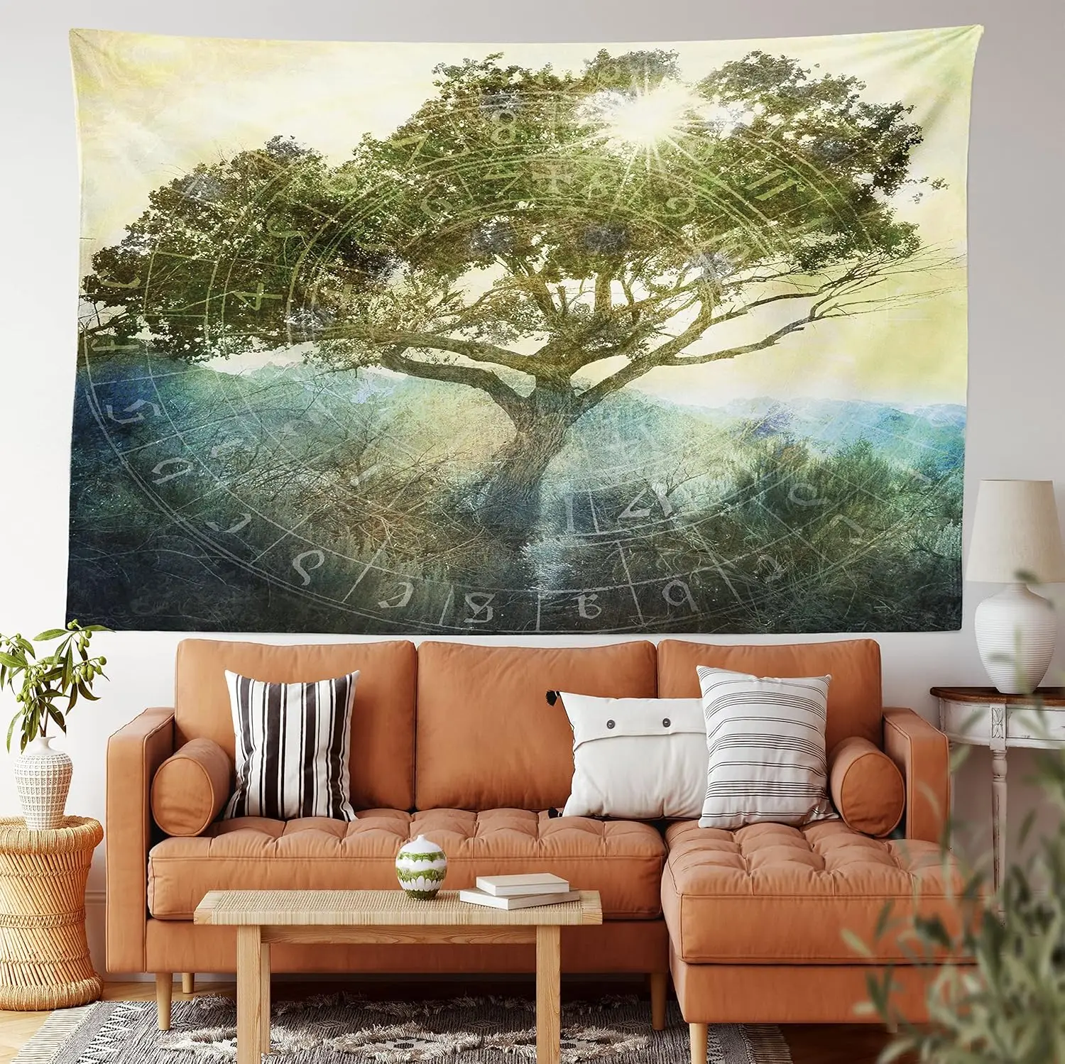 Tree of Life Tapestry, Sun Beaming Through Tree Astrology Chart Bohemian Style Print, Wide Wall Hanging for Bedroom Living Room