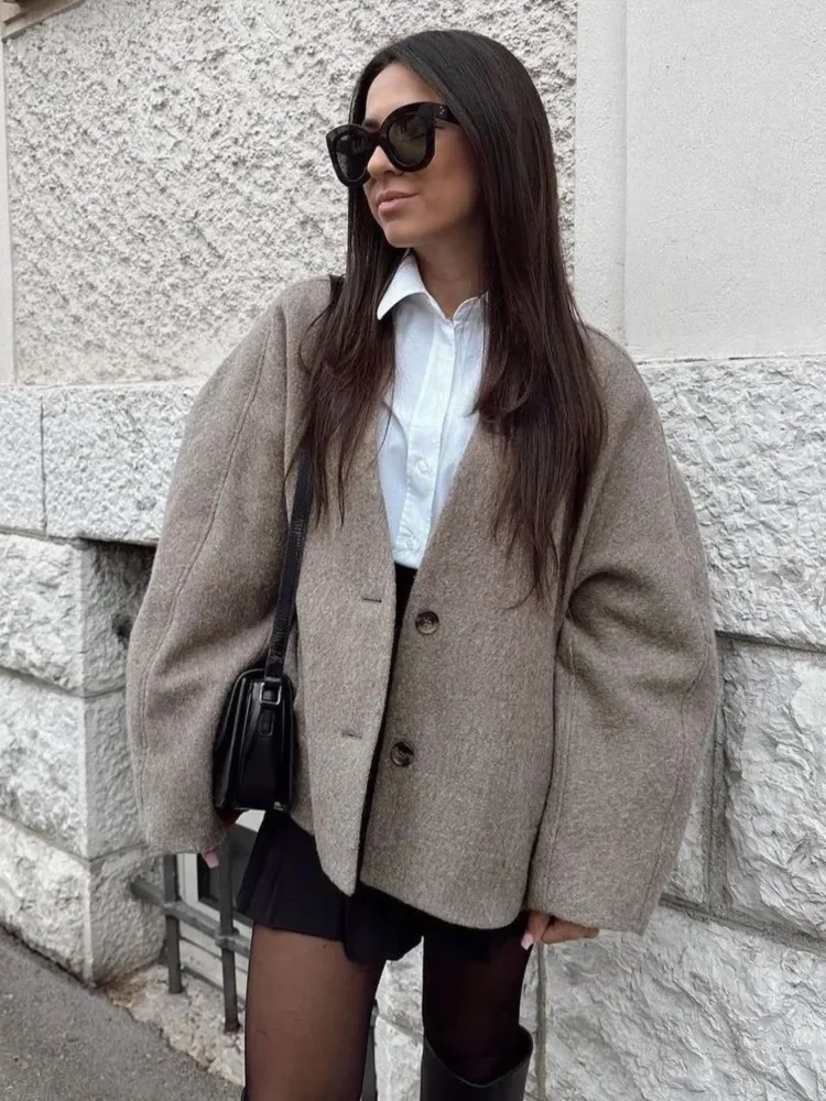 Elegant Straight Cut Wool Jacket Women Fashion V Neck Single Breasted Short Coat 2024 Autumn Chic Lady Office Street Outerwear