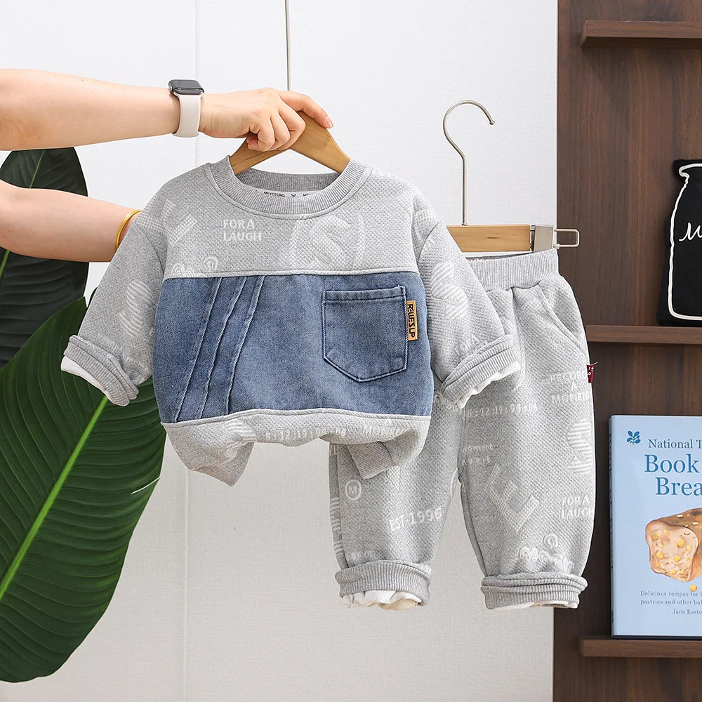 Kids Fall Clothing 2026 Spring Autumn Baby Boy Clothes 6 To 9 Months Letter Patchwork Sweatshirt Tops and Pants Boys Outfut Set