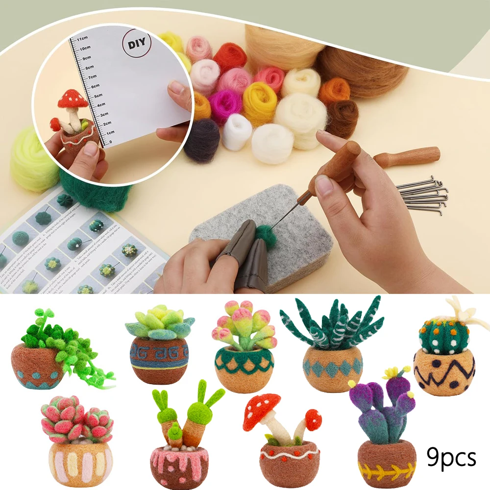 6/9/15 PCS Succulent Beginner Needle Felting Kit, Needle Felting Tools Wool Roving Foam Mat Felting Needles and Instructions