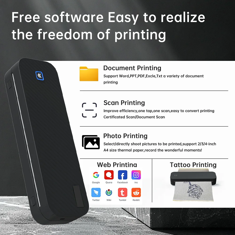 Portable thermal printer multifunctional document A4 printer tattoo Stencil printer compatible with Phone PC for travel office