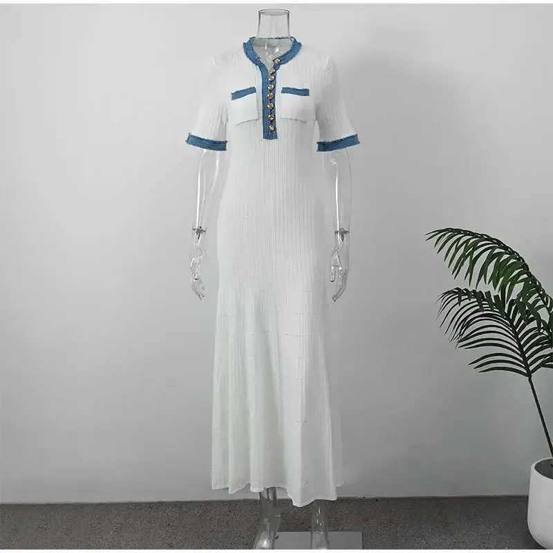 Elegante decote em v denim retalhos de malha vestido longo moda feminina manga curta botões vestidos senhora do escritório bolsos roupões