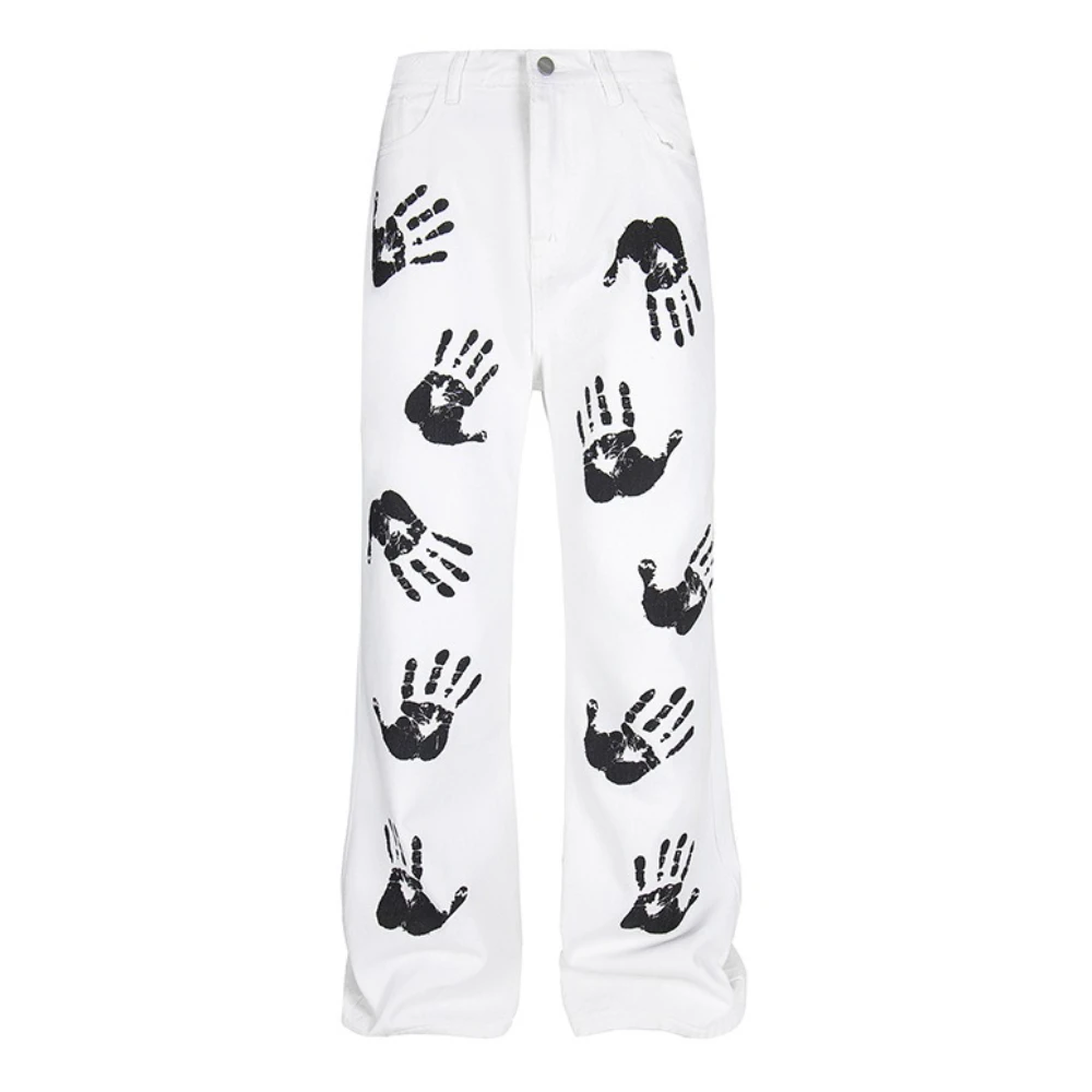 

Women Jeans for Men Retro Y2K White Handprint Punk Rap Street Jeans Straight Designer Fashion Pants Couple Sport Casual Trousers