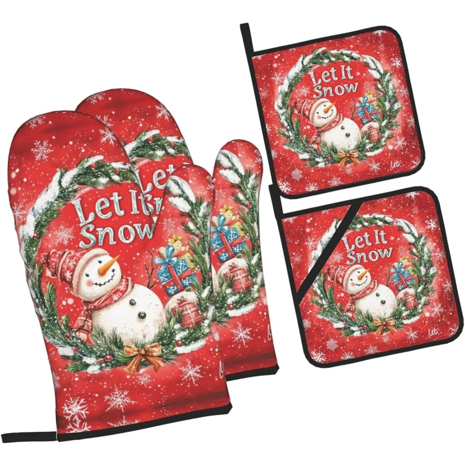 Christmas Snowman Let It Snow Oven Mitts and Pot Holders 4 Pcs, 2 Oven Mitts and 2 Potholders Heat Resistant Gloves