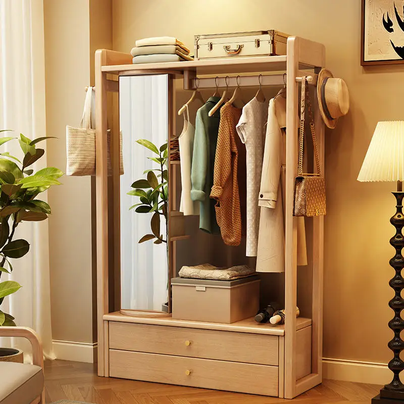 Solid wood hanger with mirror integrated storage rack, home standing full body, rotating bedroom vanity