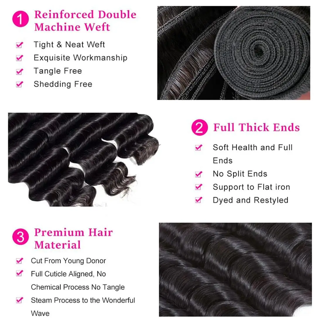 10A Свободные глубокие волны 3 пучка 100% необработанные человеческие волосы 16, 18, 20 вьющихся пучков наращивания человеческих волос с двойным утком для женщин