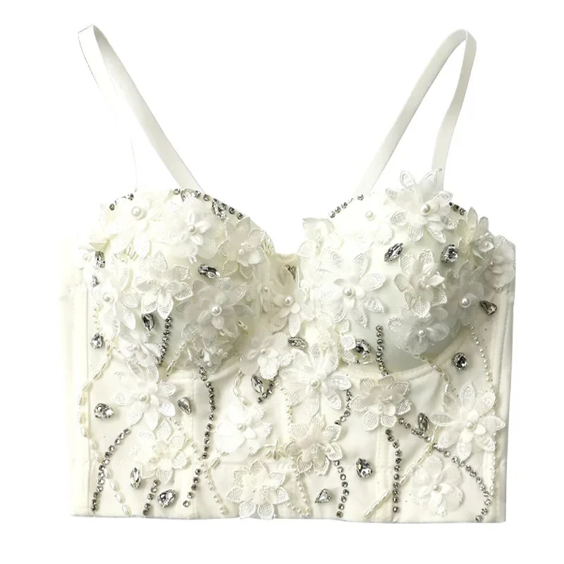 Summer 2024 Cute Push Up Bras for Women Handwork Stitched Flowers and Rhinestone Sexy Fish Bone Underwear Crop Tops Bralette