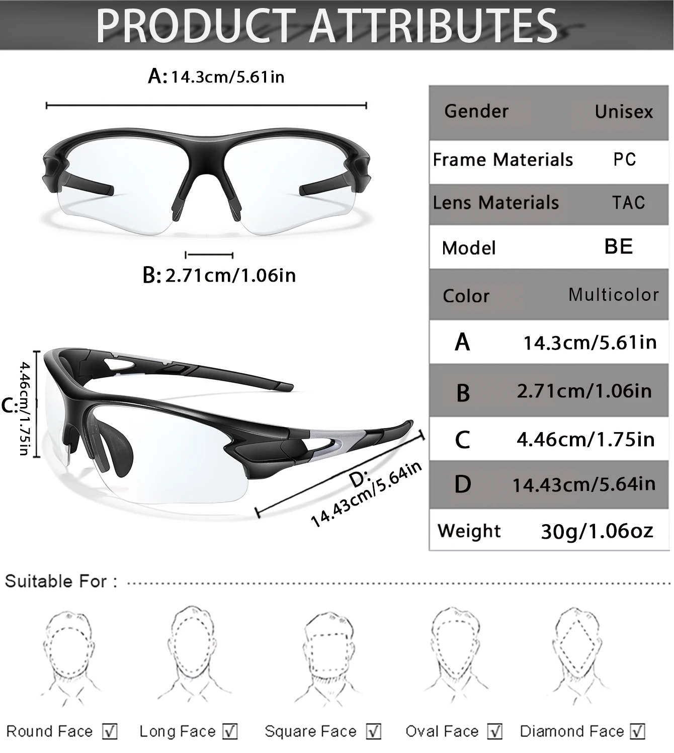 Modische photochrome Sonnenbrille, Unisex, Outdoor-Sportbrille zum Angeln, Radfahren, Reiten, Laufen, Fahren, bequeme Schutzbrille – Detail 2