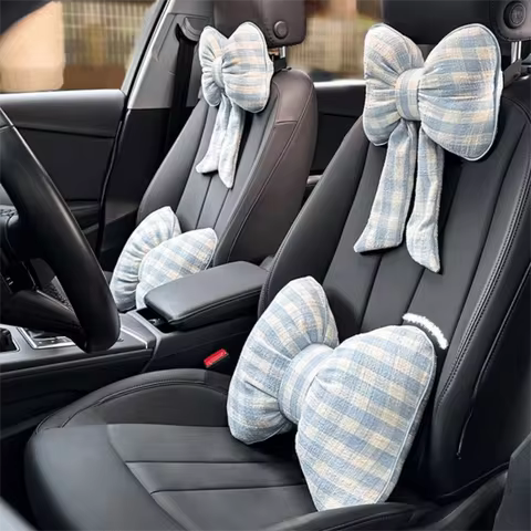 Pink Color Bowknot Pillows Grid Pattern Plaid Interior Headrest Neck Pillow Cute Design Bowknot Shape Bow Shape Pillow