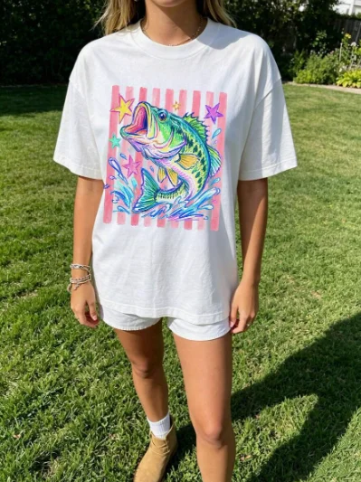 2026 Fashion New Preppy Coastal Lake Retro Bass Fish Graphic T-Shirt Pastel Fishing Print Colorful Summer Beach Lover Casual Gift Basic Top Tee