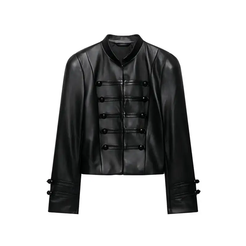 Women Faux Leather Jacket Military Style Knot Button Short Coat Female Stand Collar PU Leather Moto Biker Jacket Autumn Outerwea