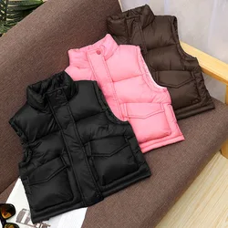2025 Autumn Winter New Girls Down Vest Solid Color Stand Collar Thick Keep Warm Jacket For 3-10 Years Teen Boys Heavy Waistcoat