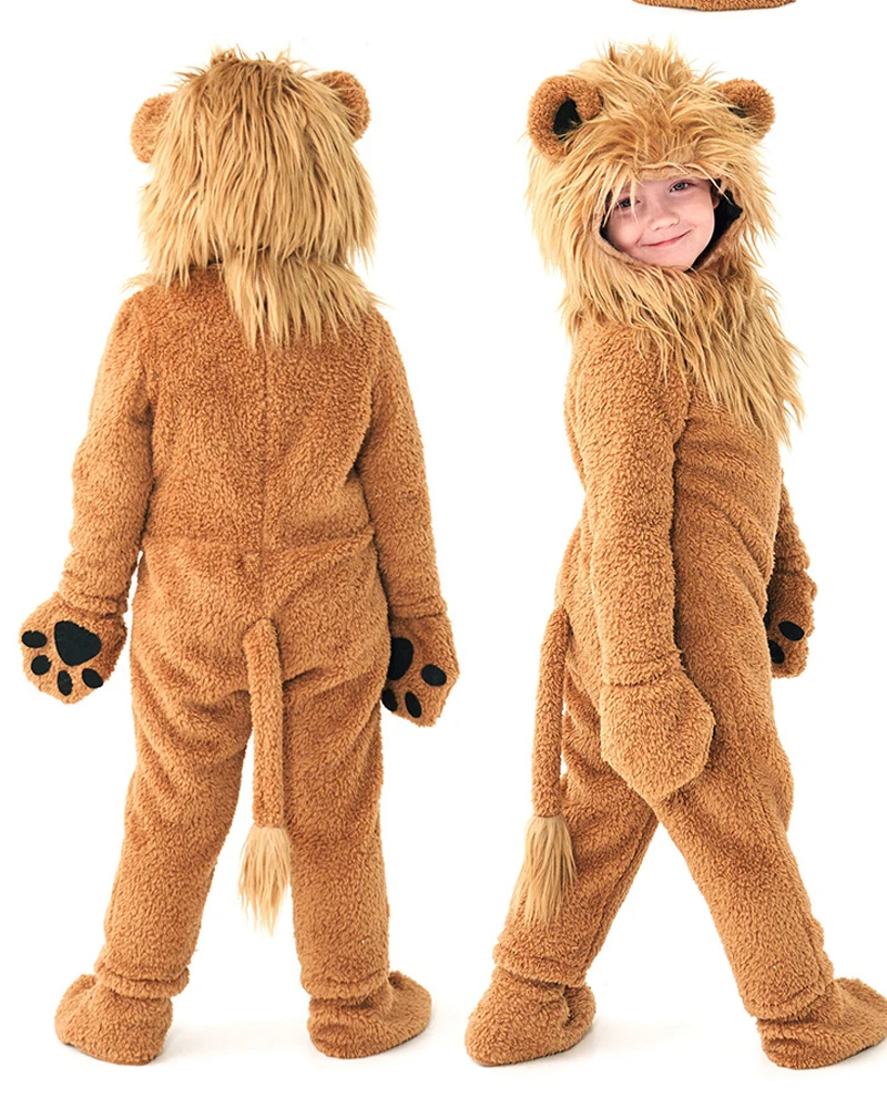 Traje de Cosplay de León y rey peludo de lana marrón para niños, disfraz de zorro para fiesta de Halloween, disfraz de escenario actuación, mono para niños y niñas
