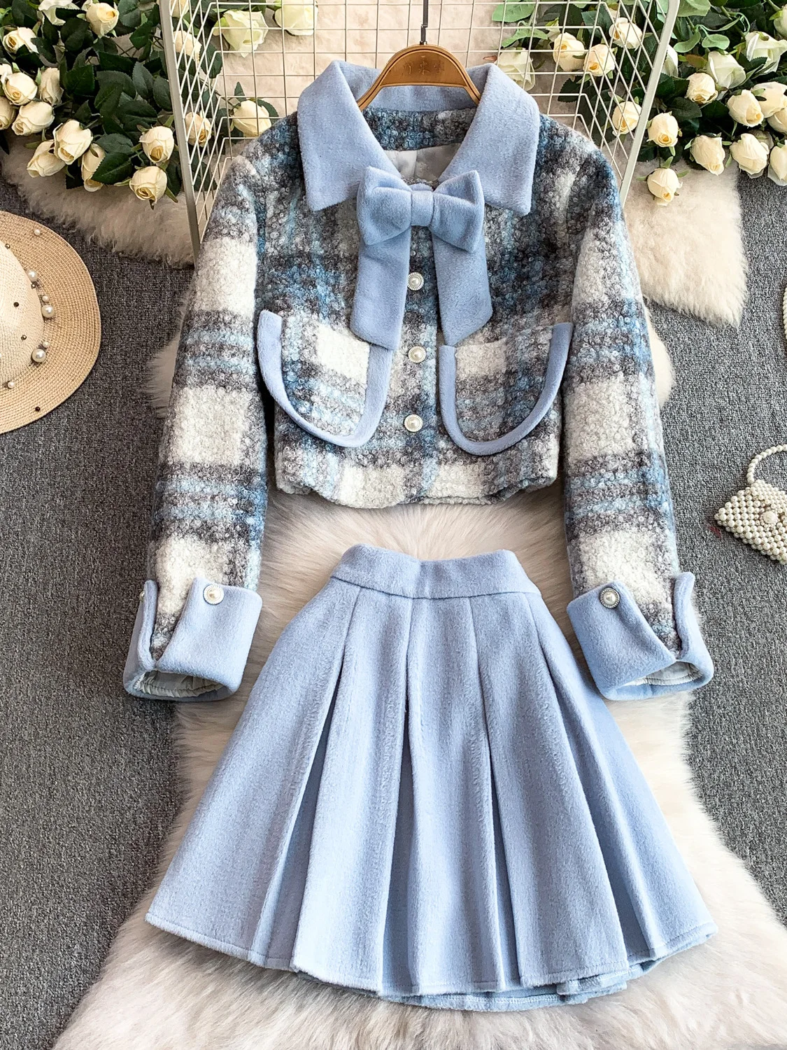 

Осень-зима женская клетчатая куртка премиум-класса из овечьей шерсти с бантом и лацканами + плиссированная юбка с высокой талией, комплект из двух предметов