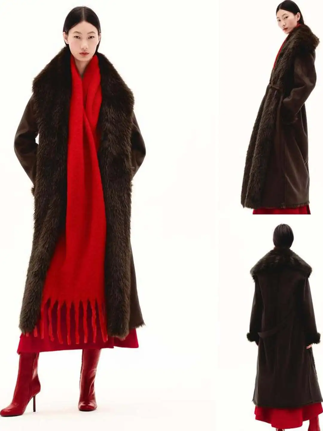 Płaszcz damski z efektem sztucznego futra na jesień i zimę, z paskiem, długi, w stylu ulicznym, z wiązaniem, wełniany.