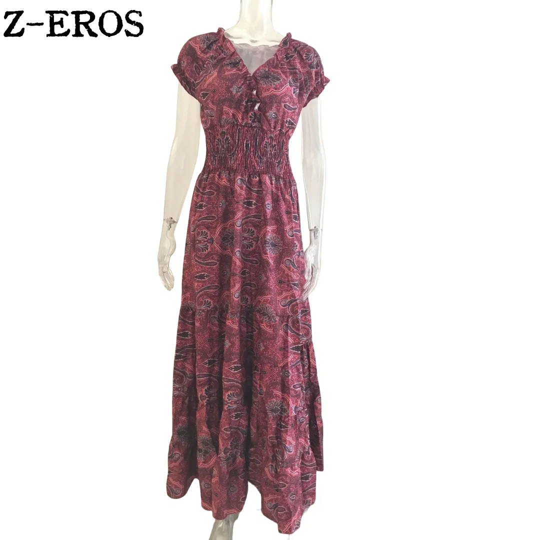 Z-EROS Vintage Bohemian Long Dress Elastic Waist Fragmented Flower Print Large Swing Short Sleeve V-Neck Slim Fit Pleated Dress