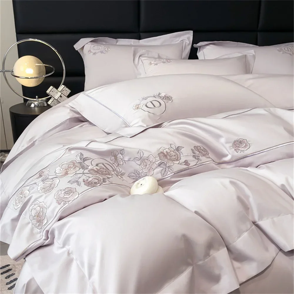 Svetanya Pale Mauve Flowers European Embroidery 1000TC Bedding Set Egyptian Cotton Duvet Cover Set Queen King Size Bedlinens