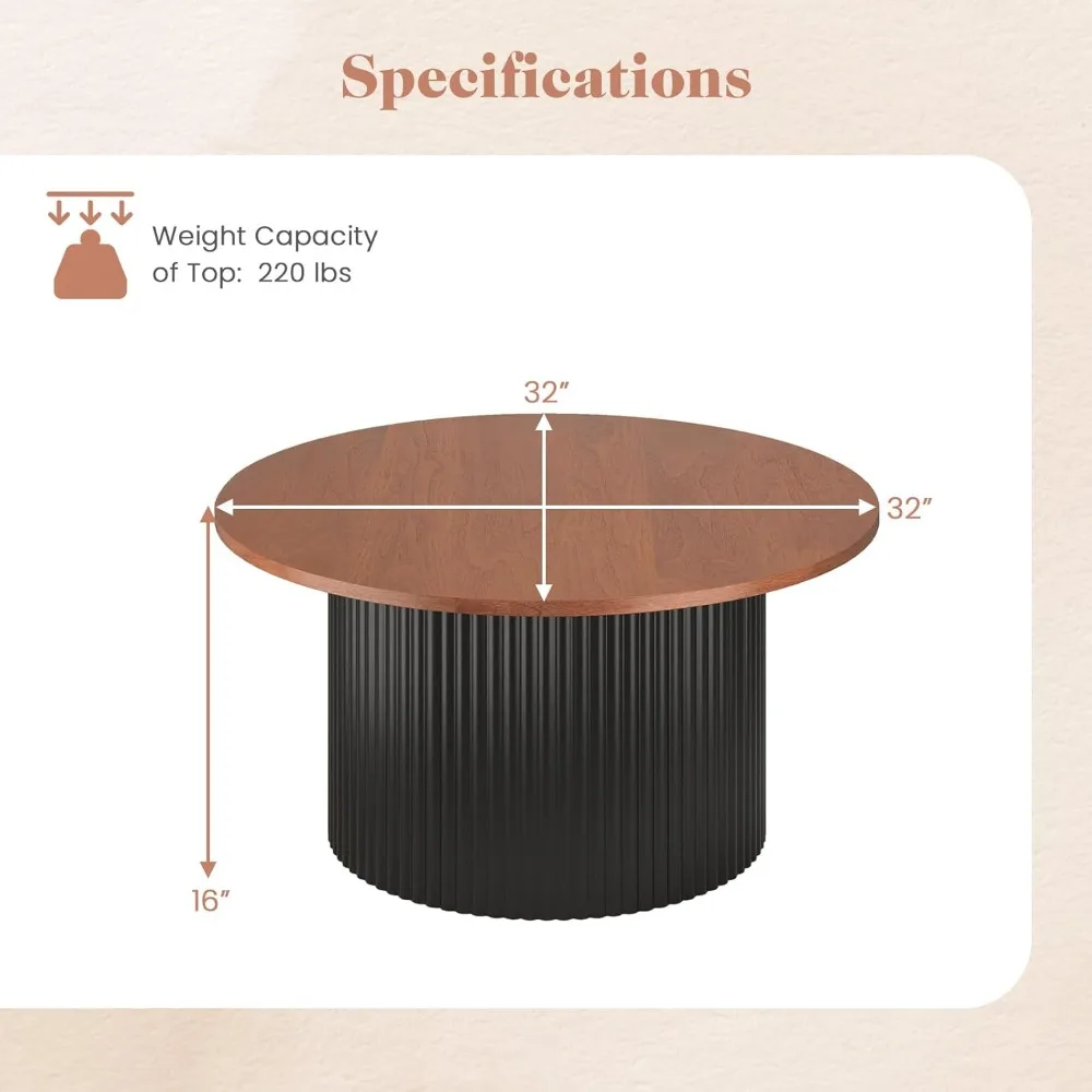 Round Coffee Table, 32 Wooden Accent Cocktail Tea Table with Solid Wood Veneered & Fluted Design, Mid Century Modern Cen