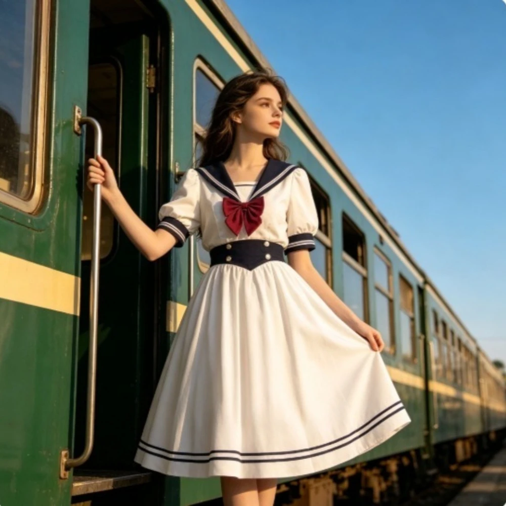 Navy Collar High Waist JK A-Line Midi Dress,Summer School Uniform for Student,Daily Campus Outfit for Casual Wear&Anime Cosplay