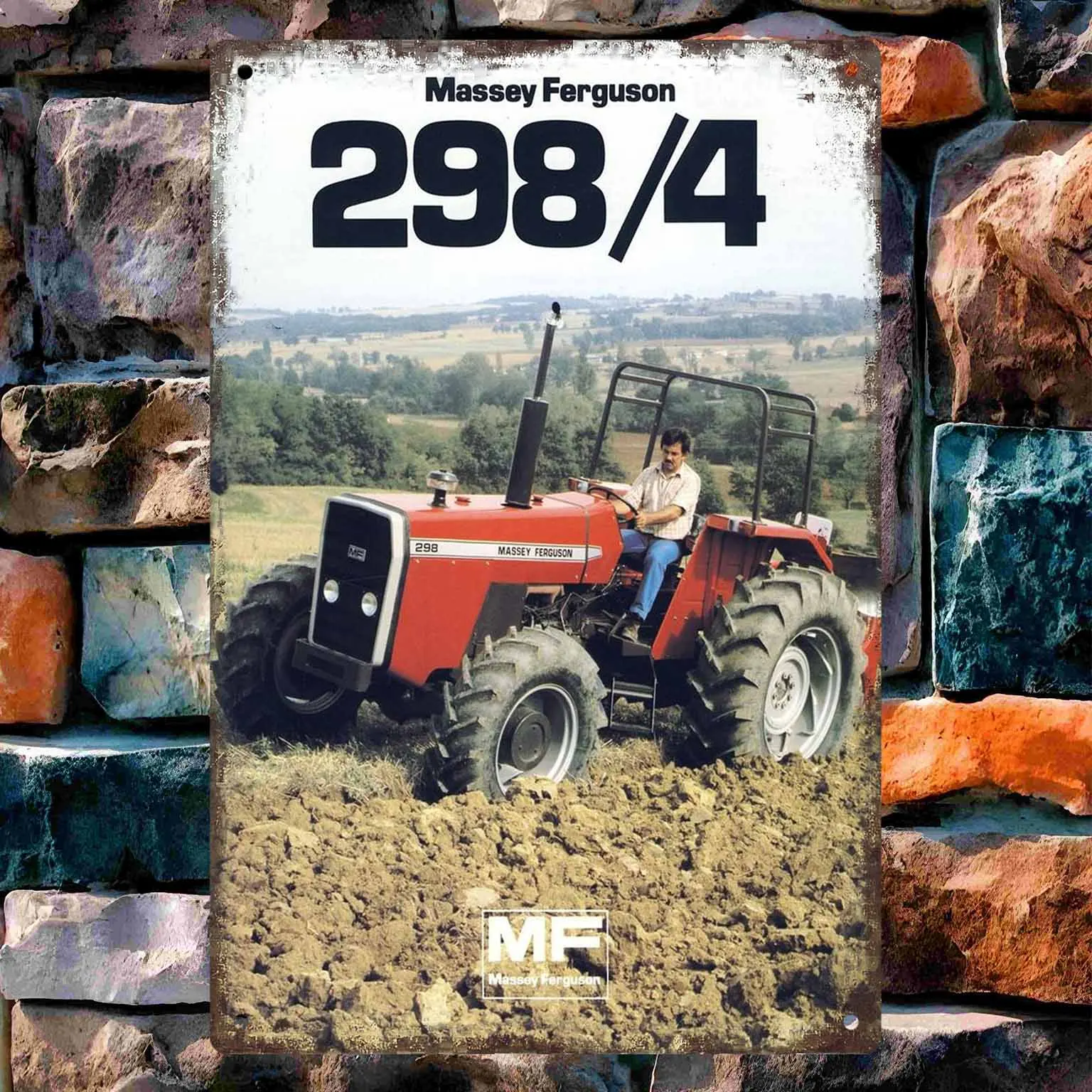 Tractor rojo con estacionado delante de una granja de madera, letrero de pared de Metal Vintage, decoración, marcos de carteles, garaje, sala de estar