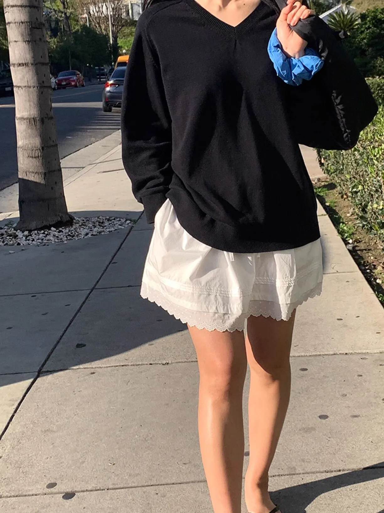 Casual High Waist A-Line  Skirt Pure Color Elastic Waist Lace Trim ort Skirt Women's Spring Faion Cotton Blend Skirt