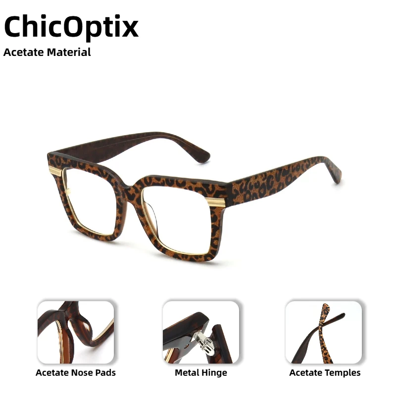 

Fashionable Retro Luxury Leopard Print Women's Rectangular Glasses, Retro Men's Acetate Frame, Decorative Glasses, Clear Lenses