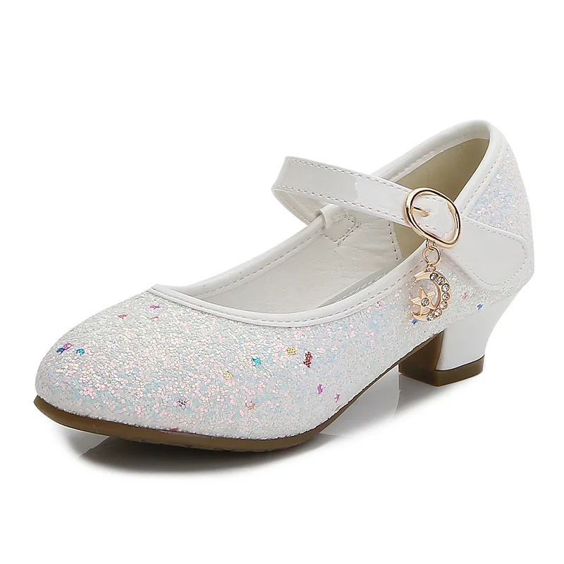 Kids Princess High Heels Girls Leather Shoes Glitter Children Wedding Party Girls Shoes Size 26-38 Student Performance Footwear