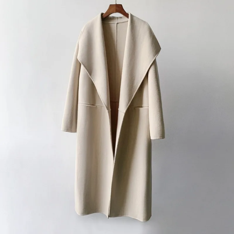 Winter Wool Cashmere Long Coat Silhouette Side Slit Lapel Long Trench For Women