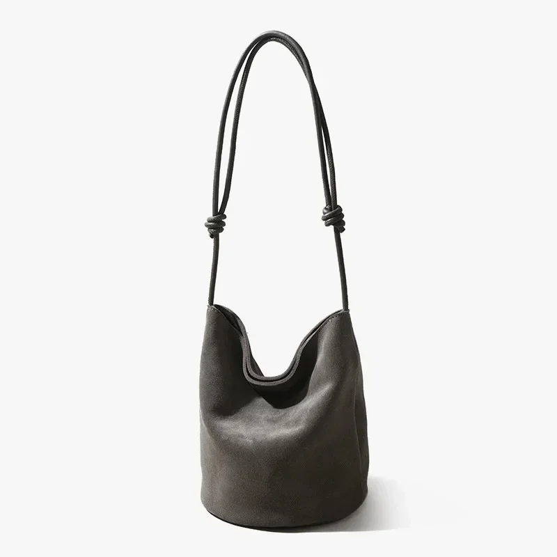 Casual Design Nubuck Leather Women Drawstring Shoulder Crossbody Bucket Bag Genuine Leather Vintage Female Handle Bag Purse