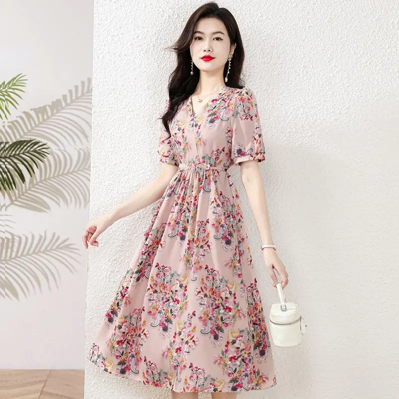 Taillenbetonter Damen-Rock mit V-Ausschnitt, modischer, mittellanger, floraler Super-Fee-Rock im koreanischen Stil