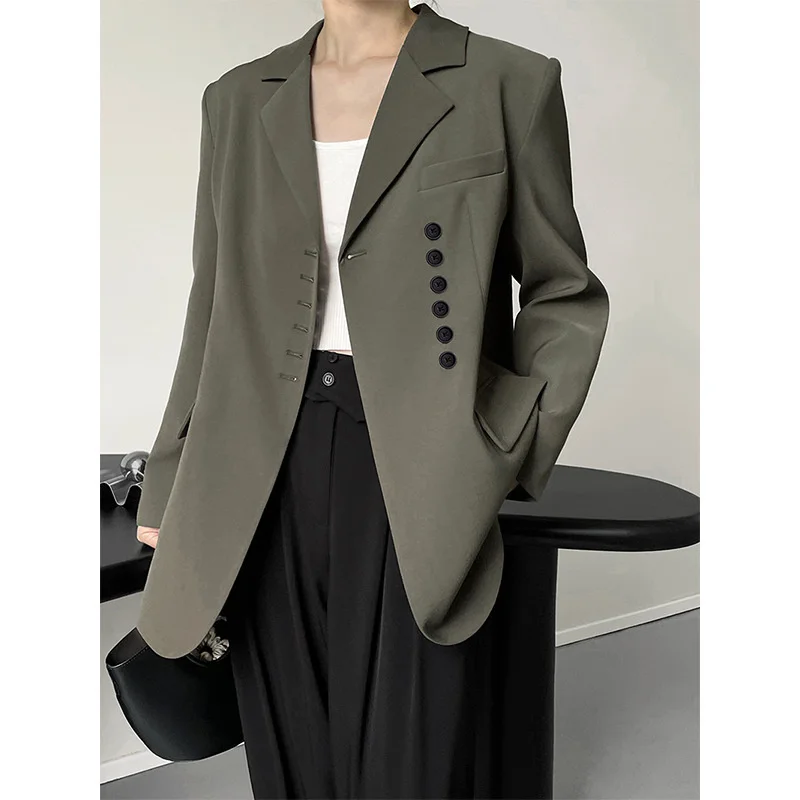 Vintage Green Irregular Button Suit Jacket Women Spring Autumn Lapel Long Sleeve Loose Casual Blazer