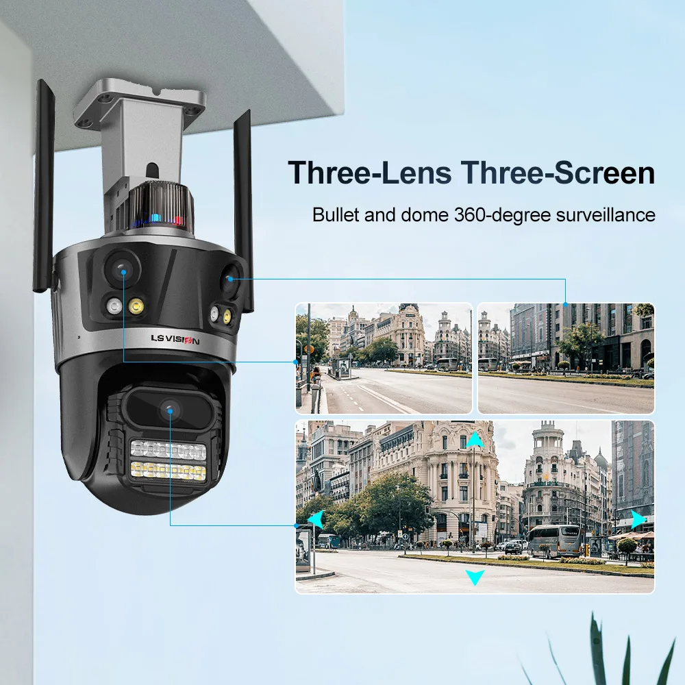 LS VISION 6K 12MP HD PTZ IP Camera Outdoor Three Lens Three Screen Wifi Camera Police Light Alarm Video Surveillance ICSEE App