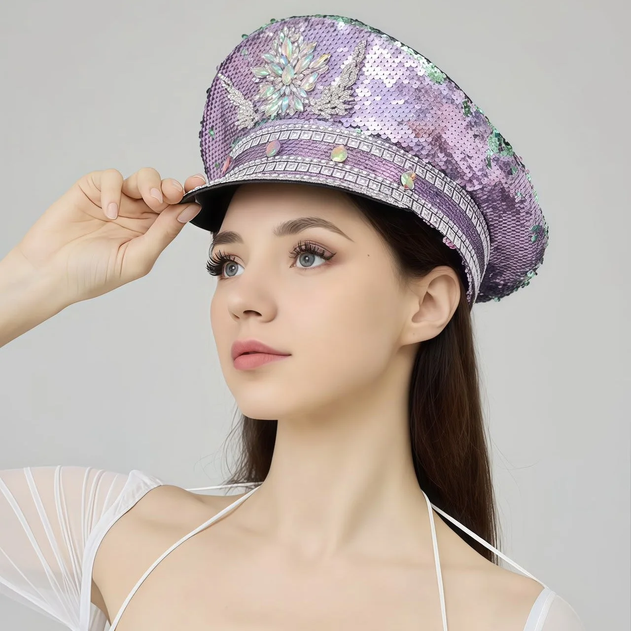 

Festival Sequin Captain Hat Rhinestone Sparkly Glamorous Rave Accessories Cosplay Burning Man Party Hats for Woman