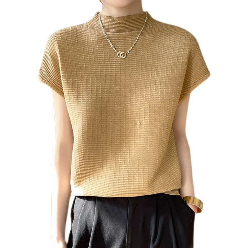 Loose Knitted f-High Collar ort Sve T-irt Women Summer Thin Vest Top White Base Layer Commute Sle Regular Fit