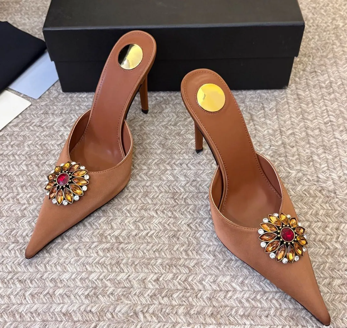 Women's New Satin Pointed Toe Toe Water Diamond High Heels Slippers Party Wedding High Heels Women's Sandals