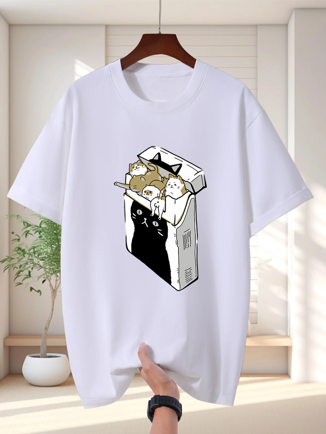 Men T Shirt Cartoon Kittens Inside Box Graphic Tee Cute Pet Cat Print Short Sleeve O Neck Loose Casual Tops Summer Streetwear