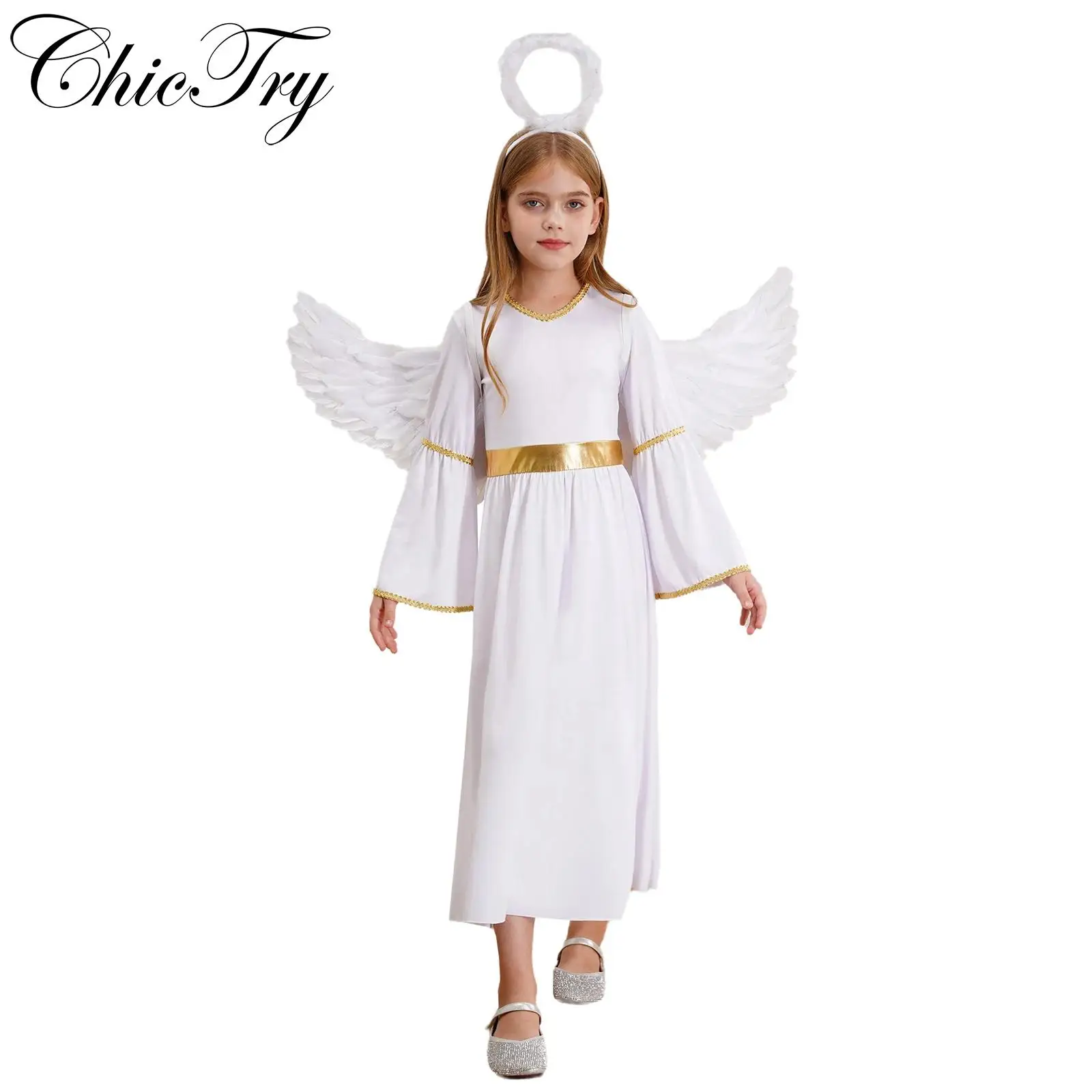 Children Girls Angel Costume Greek Princess Cosplay Sets Bell Sleeve Maxi Ball Gowns Angel Dress with Wings Headband Dress Up