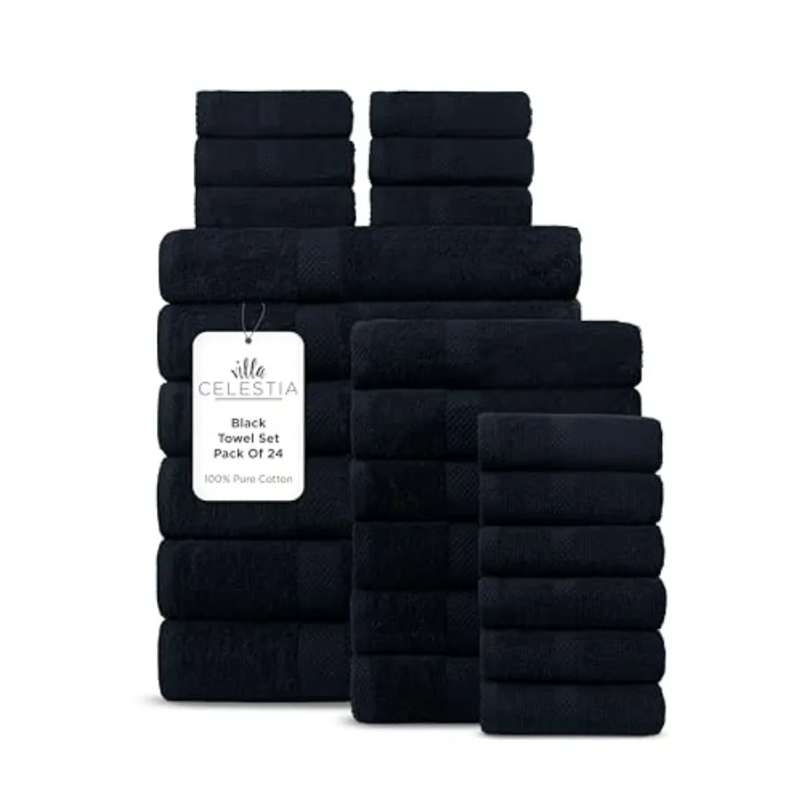 

Hotel Spa 100 Combed Cotton Bath Towel Set of 24 in Black: 6 Bath Towels, 6 Hand Towels, 12 Wash Cloths Sustainable, Ultra-Soft