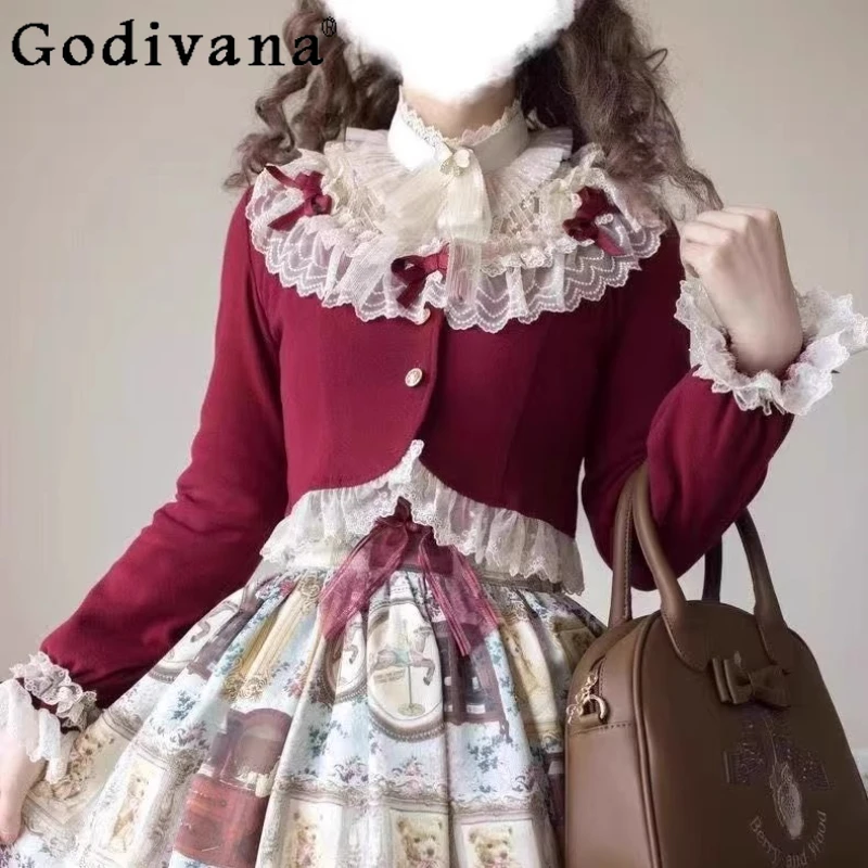 

2025 Original Japanese Girls Sweet Lolita Red Short Cardigan Spring and Autumn New Women's Slim Fit Lace Bow Short Jacket Coats